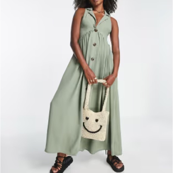 ASOS Empire Waist Sleeveless Button Up Collared Olive Green Maxi Dress Size 6 - Picture 1 of 7